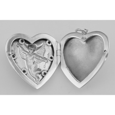 Cherub Heart Sterling Silver Locket Pendant with Blue CZs - HP-6307-BLUE