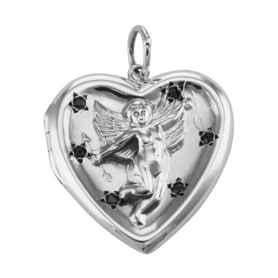 Cherub Heart Sterling Silver Locket Pendant with Blue CZs - HP-6307-BLUE