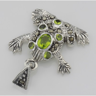 Cute Green CZ and Marcasite Frog Pendant - Sterling Silver - HP-791
