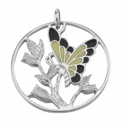 Beautiful Enamel Butterfly and Floral Pendant Sterling Silver