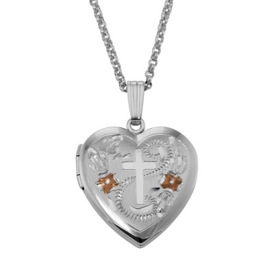 Sterling Silver Heart Locket w/ Cross Design - 19mm - Made in USA - MF-2132
