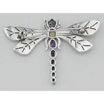 Multi Gemstone Marcasite Dragonfly Pin Sterling Silver - P-139