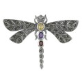 Multi Gemstone Marcasite Dragonfly Pin Sterling Silver
