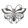 Marcasite Butterfly Pin with Gemstones - Sterling Silver