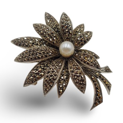 Fine Bead Set Floral Marcasite Pin or Brooch with Pearl - Sterling Silver - PM-119