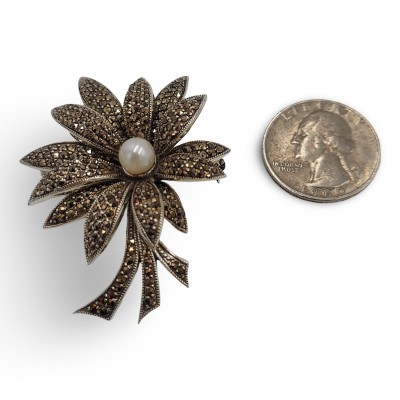 Fine Bead Set Floral Marcasite Pin or Brooch with Pearl - Sterling Silver - PM-119