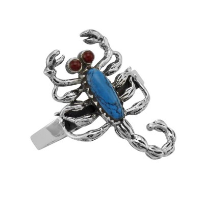 Turquoise Body Scorpion Ring with Carnelian Eyes Scorpio Sterling Silver - R-160