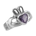 Irish Claddagh Ring with Amethyst CZ - Sterling Silver