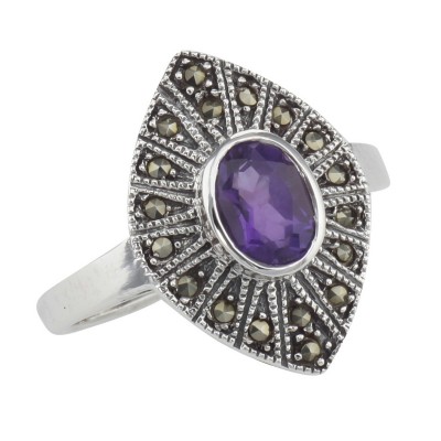 Lovely 1/2 Carat Genuine Amethyst and Marcasite Ring - Sterling Silver - R-391