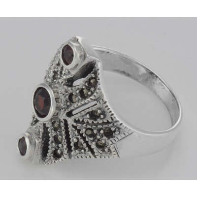 Unique Victorian Style 3 Garnet and Marcasite Ring - Sterling Silver - R-393-G