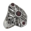 Unique Victorian Style 3 Garnet and Marcasite Ring - Sterling Silver
