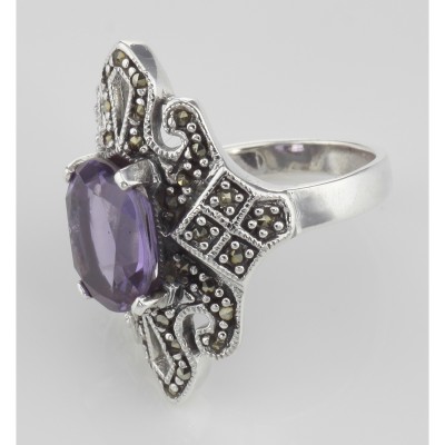 Large 2 1/2 Carat Genuine Amethyst and Marcasite Ring - Sterling Silver - R-399