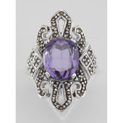 Large 2 1/2 Carat Genuine Amethyst and Marcasite Ring - Sterling Silver - R-399