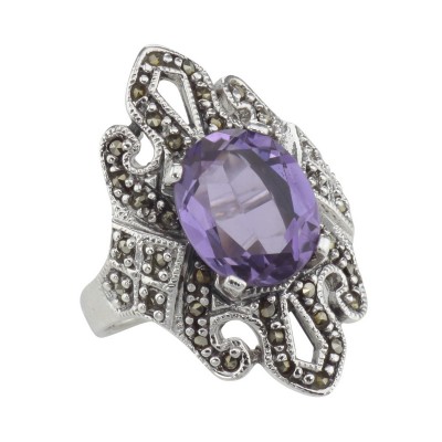 Large 2 1/2 Carat Genuine Amethyst and Marcasite Ring - Sterling Silver - R-399