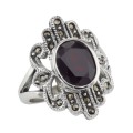 Antique Style Genuine Red Garnet and Marcasite Ring - Sterling Silver
