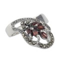 Antique Style Genuine Red Garnet and Marcasite Ring - Sterling Silver
