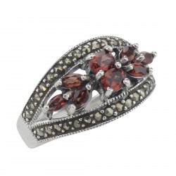 ONLY 1 IN STOCK - Vintage Style Garnet Ring with Marcasites - Sterling Silver