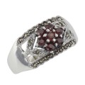 Floral Design Red Garnet Ring with Marcasite accents - Sterling Silver
