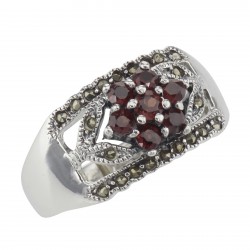 Floral Design Red Garnet Ring with Marcasite accents - Sterling Silver