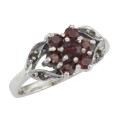 Antique Style Garnet - Marcasite Floral Design Ring - Sterling Silver