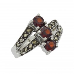Antique Style Garnet Marcasite Ring - Sterling Silver