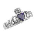 Irish Claddagh Ring w/ Amethyst CZ Gemstone - Sterling Silver