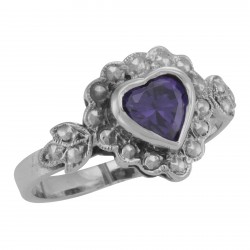 Victorian Style Heart Shaped Amethyst Colored CZ Ring - Sterling Silver