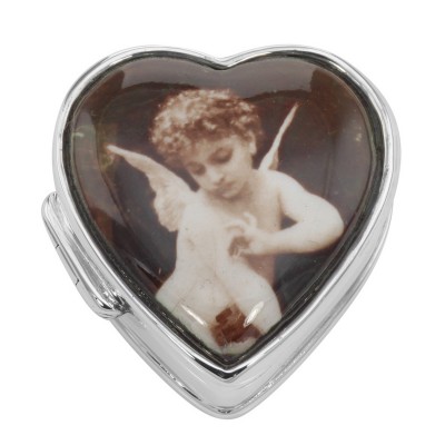 Sterling Silver Heart PillBox w/ Cherub Porcelain Top - X-35