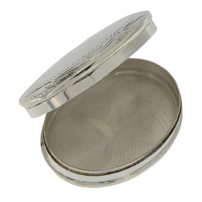 Nice Size Sterling Silver Oval Pillbox w/ Engraved Border Design - X-720